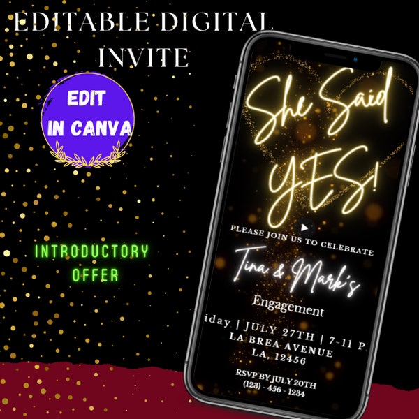 INSTANT DOWNLOAD EDITABLE Digital Engagement Party Invite E-invites Mobile Invited Party Invitations Template - Gold Center