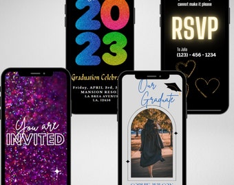 May include: Four different phone screen designs for a graduation party invitation. The first design features a purple background with glitter and the text "You are Invited". The second design features a black background with the text "Class of 2023" in rainbow colors. The third design features a black background with the text "RSVP" in yellow and the text "To Julia (123) - 456 - 1234". The fourth design features a white background with a black archway and the text "Our Graduate" in blue. A photo of a person in a graduation gown is visible through the archway. The text "Sophie Wilson" is at the bottom of the design.
