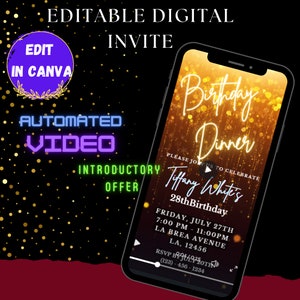 Electronic Gold Birthday Dinner Invitation, Editable Birthday Dinner Invite, Gold Dinner Evite, Any Age, Instant Download- GoldenGlitter