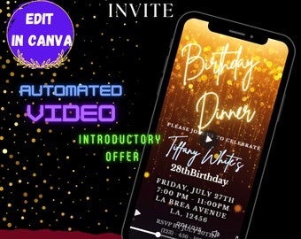 May include: A digital invitation for a birthday dinner with a gold glitter background. The text reads "Birthday Dinner" and "Please join us to celebrate Tiffany White's 28th Birthday". The invitation includes the date, time, and location of the event. The text "RSVP (123)-456-1234" is also included.