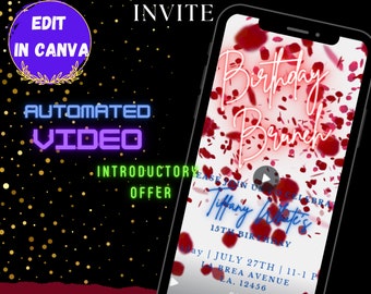 May include: Editable digital birthday brunch invitation with a pink and red confetti background. The text reads "Birthday Brunch" in neon pink letters and "Tiffany White's 15th Birthday" in blue text. The invitation includes the date, time, and location of the event. The text "RSVP by July 20th" is also included.