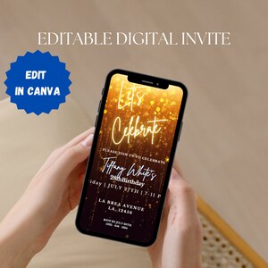 Digital Mobile Invite Black Gold Glitter Birthday Invitation,Any Age Evite, Editable Instant Download Party Invitation- Let's Celebrate image 2