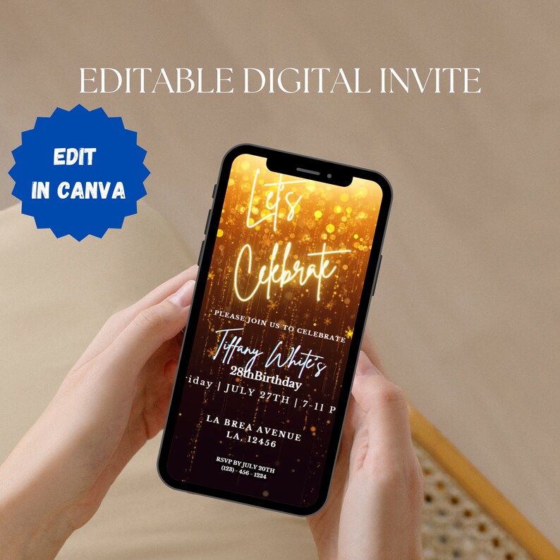 Digital Mobile Invite Black Gold Glitter Birthday Invitation,Any Age Evite, Editable Instant Download Party Invitation- Let's Celebrate image 2
