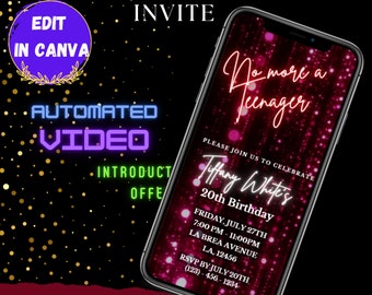 May include: A digital invitation for a 20th birthday party with a pink and black background and sparkling lights. The text reads "No more a teenager. Please join us to celebrate Tiffany White's 20th Birthday. Friday, July 27th, 7:00 PM - 11:00 PM, LA Brea Avenue, LA, 12456. RSVP by July 20th, (123) 456-1234."
