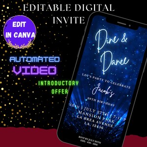 Pode incluir: Um convite digital para uma festa de anivers&aacute;rio com um fundo de gal&aacute;xia azul e preto. O texto diz "Dine & Dance, Let's Party to Celebrate Jacob's 29th Birthday, Friday July 27th 7-11 p.m., Mansion Park, La Brea Avenue, LA, 12456, RSVP by July 20th (123)-456-1234".