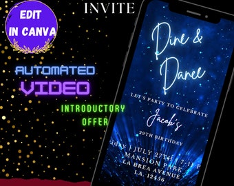 May include: A digital invitation for a birthday party with a blue and black galaxy background. The text reads "Dine & Dance, Let's Party to Celebrate Jacob's 29th Birthday, Friday July 27th 7-11 p.m., Mansion Park, La Brea Avenue, LA, 12456, RSVP by July 20th (123)-456-1234".