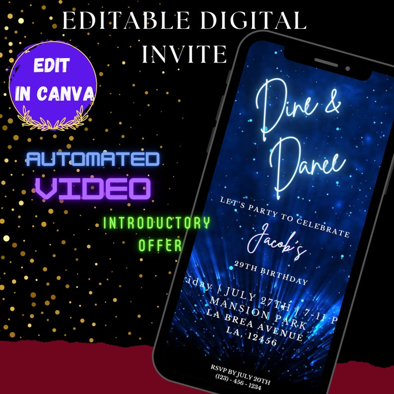 Pode incluir: Um convite digital para uma festa de anivers&aacute;rio com um fundo de gal&aacute;xia azul e preto. O texto diz "Dine & Dance, Let's Party to Celebrate Jacob's 29th Birthday, Friday July 27th 7-11 p.m., Mansion Park, La Brea Avenue, LA, 12456, RSVP by July 20th (123)-456-1234".