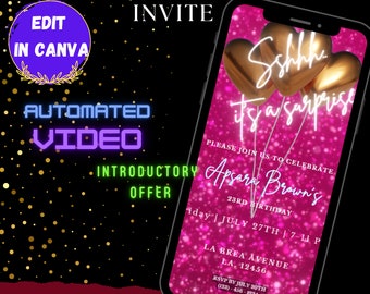 May include: A digital invitation for a birthday party with a pink background and gold balloons. The text reads "Shhh... it's a surprise! Please join us to celebrate Apsara Brown's 23rd Birthday. Friday, July 27th, 7-11 PM, La Brea Avenue, LA, 12456. RSVP by July 20th, (123) 456-1234."