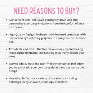 Pode incluir: Um gr&aacute;fico rosa e branco com o texto "NEED REASONS TO BUY?" e uma lista de cinco raz&otilde;es para comprar convites de festa digitais. As raz&otilde;es incluem conveni&ecirc;ncia, design de alta qualidade, acessibilidade, facilidade de edi&ccedil;&atilde;o e versatilidade.