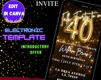 May include: Editable digital invitation template for a 40th birthday party. The invitation features a gold balloon number 40 with confetti and the text "Talk Forty to Me". The invitation also includes the name "William Brian's", the date "July 27th", the time "7-11 p.m.", the location "La Brea Avenue, LA, 12456", and the RSVP date "July 20th".