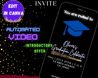 May include: A digital invitation for a graduation celebration. The invitation is on a black background with a blue graduation cap and gold text that says "Oliver's Graduation Celebration". The text also includes the date, time, and location of the event. The invitation is framed by a smartphone screen.