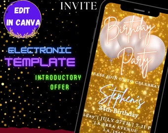 May include: Editable digital birthday party invitation template with a gold background and neon text. The text says "Birthday Party" with balloons and "Stephen's 34th Birthday".