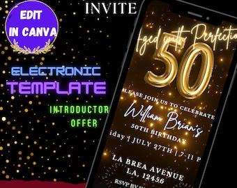 May include: Editable digital invitation template for a 50th birthday party. The invitation features a gold balloon number 50 with confetti and the text "Aged to Perfection". The text "Please join us to celebrate William Brian's 50th Birthday" is also included. The invitation is designed for use with Canva.
