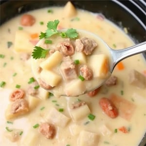 Può includere: Primo piano di una zuppa cremosa con patate, salsiccia e carote. Un cucchiaio di zuppa viene sollevato, mostrando gli ingredienti. Guarnita con erbe verdi fresche, la zuppa è in una ciotola nera.