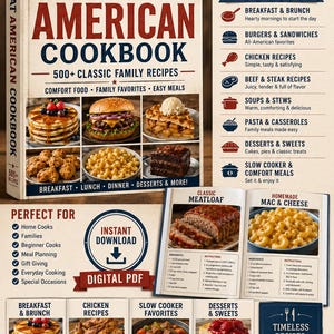 Op de afbeelding: Het digitale kookboek The Great American Cookbook bevat 500+ klassieke familierecepten voor ontbijt, burgers, kip, rundvlees, soepen, pasta en desserts. De omslag toont foto's van gerechten en voorbeelden van gehaktbrood en macaroni met kaas.