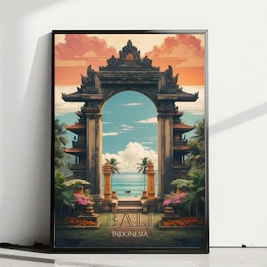 Bali Poster Indonesia Travel Prints Mid Century Vintage Wall Art Bali Indonesia Prints Vibrant Home Decor Pura Ulun Danu Bratan