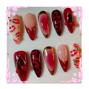 Cherry Kiss Lip Detailed Press On Nails - 3D gel - Handmade