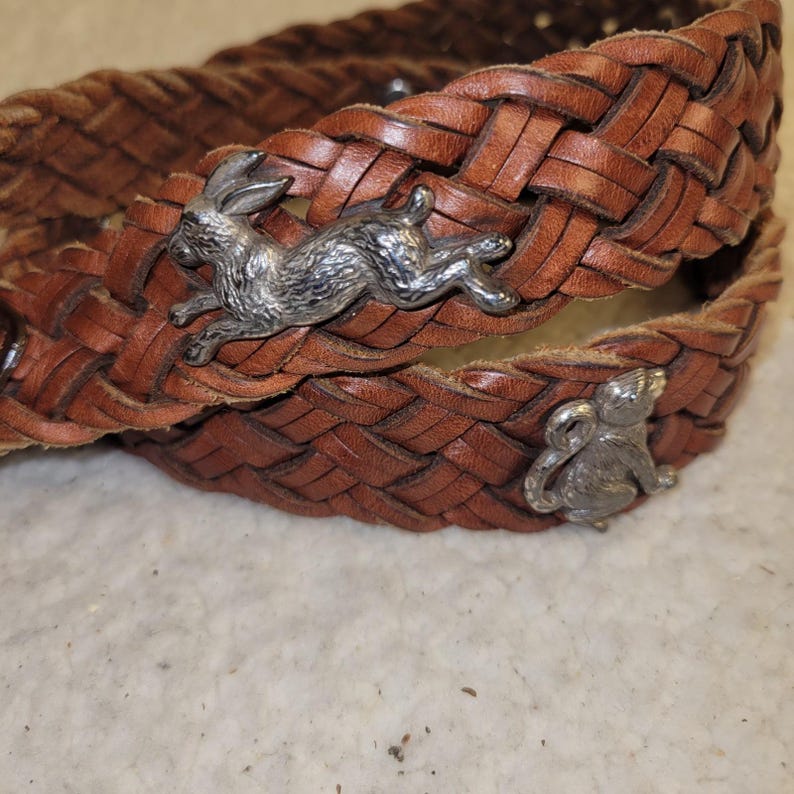 Vintage BRIGHTON Womens Belt Size 32 Leather Silver Animal Braided Weave Novelty image 3