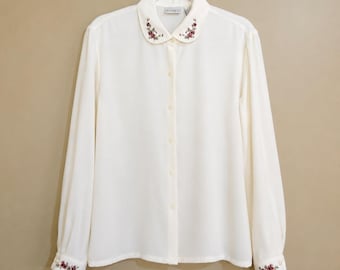 Koret Vintage Ivory Floral Embroidered Peter Pan Collar Blouse Womens 12 cottage