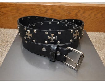 Büffelleder Schwarz Nieten Kreuz Gürtel Damen XL Silber Ton Punk Gothic