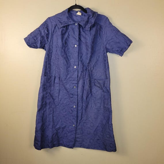 Vintage Purple Floral Jacquard House Dress Duster Snap Front Cotton Pockets