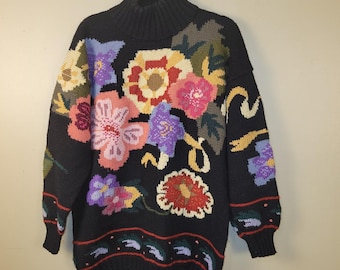 Vintage Bergdorf Goodman Floral Wolle Pullover Handgestrickt Uruguay L Boho 80er Jahre