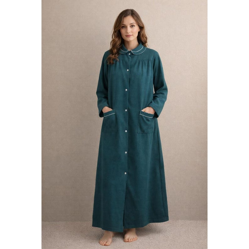 Snap Front Robe Pattern Carole Vintage Hunter Green Snap Front Long Robe Scalloped Trim Medium ...