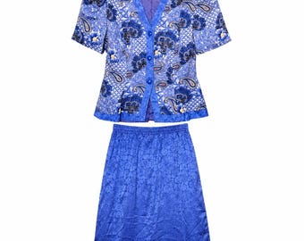 Spenser Jeremy Vintage Blue Silk Spódnica Paisley Zestaw Kwiatowy 2-częściowy Garnitur Rozmiar 8