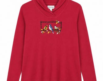 Breckenridge Women's Large Red Embroidered Bird Pullover Sweatshirt Cowl Neck