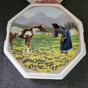 Puede incluir: Plato decorativo que representa a una mujer nativa americana interactuando con un caballo marrón y blanco en un campo de flores amarillas. Las montañas están en el fondo. El plato está en una funda protectora blanca.