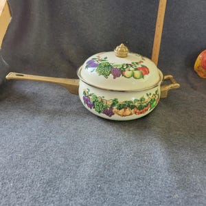 Könnte beinhalten: Cremefarbener Emaille-Kochtopf mit Deckel, verziert mit einem bunten Fruchtdesign. Die Pfanne hat einen langen Messinggriff und einen kleineren Griff an der Seite. Der Deckel ist mit einer goldfarbenen Spitze versehen.