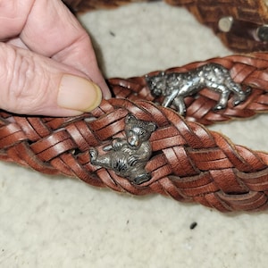 Vintage BRIGHTON Womens Belt Size 32 Leather Silver Animal Braided Weave Novelty image 6