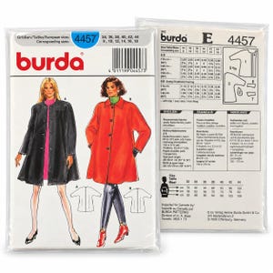 May include: A Burda 4457 sewing pattern envelope featuring illustrations of two coats, one black and one orange, with technical diagrams, sizing charts for European sizes 34-44, and fabric requirements printed on the front and back in a clear plastic sleeve.