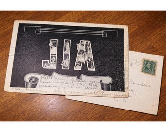 Postal antigua con el nombre JIM, estilo Art Déco, tipografía fotográfica, enviada desde Raleigh, Carolina del Norte, 1 centavo, Franklin.