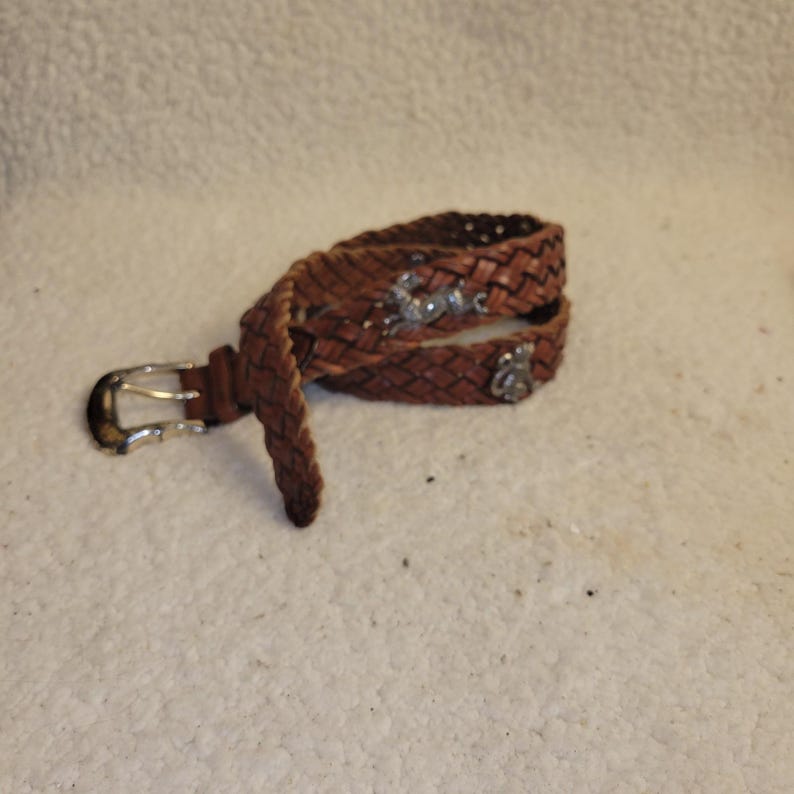 Vintage BRIGHTON Womens Belt Size 32 Leather Silver Animal Braided Weave Novelty image 1