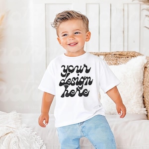 Kids T-Shirt Mockup | White Short Sleeve Youth Shirt | 3001Y 3321 3001T 500B | Boho Lifestyle Mockup | Trendy Modern Realistic | JPG