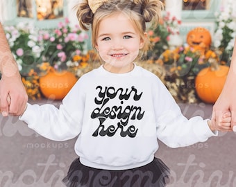 Kids Sweatshirt Mockup | Halloween Autumn Youth Sweatshirt | White Crewneck Sweatshirt | 18000B 3317 | Fall Lifestyle Mockup | JPG