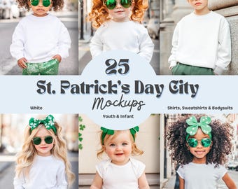 25 St Patricks Day City Youth Mockup Bundle | Kid T-Shirt Sweatshirt Baby Bodysuit | 3001Y 3321 18000B 4424 | Lifestyle Mockup Bundle | JPG