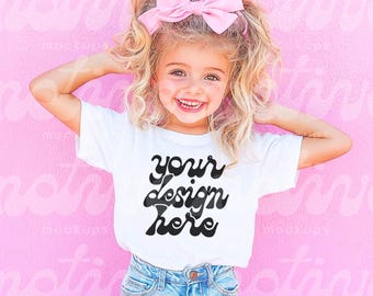 Kids T-Shirt Mockup | White Short Sleeve Youth Shirt | 3001Y 3321 3001T 500B | Vibrant Lifestyle Mockup | Trendy Modern Realistic | JPG
