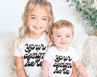 Siblings Mockup | Kids White Short Sleeve Shirt Infant Baby Bodysuit | 3001 500B 100B 4400 | Lifestyle Mockup | Trendy Modern | JPG