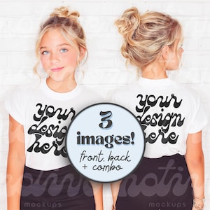 Back and Front View Kids T-Shirt Mockup White Shirt Mock up Youth T-Shirt Toddler Shirt Mock-up Girl Cute Kid Mockup 3001Y 64000B 500B