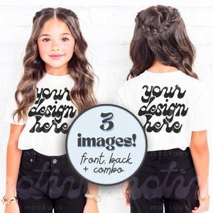 Back and Front View Kids T-Shirt Mockup White Shirt Mock up Youth T-Shirt Toddler Shirt Mock-up Girl Cute Kid Mockup 3001Y 64000B 500B
