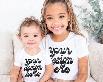 Siblings Mockup | Kids White Short Sleeve Shirt Infant Baby Bodysuit | 3001 500B 100B 4400 | Lifestyle Mockup | Trendy Modern | JPG