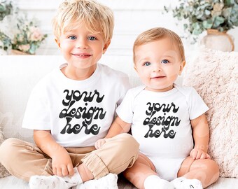 Siblings Mockup | Kids White Short Sleeve Shirt Infant Baby Bodysuit | 3001 500B 100B 4400 | Lifestyle Mockup | Trendy Modern | JPG
