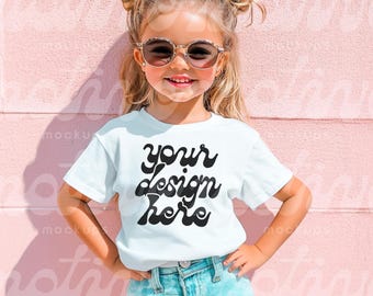 Kids T-Shirt Mockup | White Short Sleeve Youth Shirt | 3001Y 3321 3001T 500B | Vibrant Lifestyle Mockup | Trendy Modern Realistic | JPG