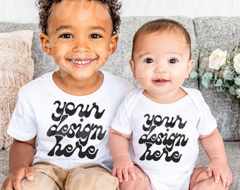 Siblings Mockup | Kids White Short Sleeve Shirt Infant Baby Bodysuit | 3001 500B 100B 4400 | Lifestyle Mockup | Trendy Modern | JPG