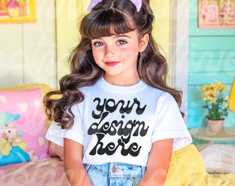Kids T-Shirt Mockup | White Short Sleeve Youth Shirt | 3001Y 3321 3001T 500B | Vibrant Lifestyle Mockup | Trendy Modern Realistic | JPG