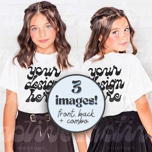Back and Front View Kids T-Shirt Mockup White Shirt Mock up Youth T-Shirt Toddler Shirt Mock-up Girl Cute Kid Mockup 3001Y 64000B 500B