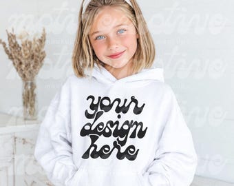Kids Hoodie Mockup | White Youth Hooded Sweatshirt | 18500B 3326 | Boho Lifestyle Mockup | Trendy Modern Realistic Influencer | JPG