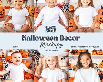 25 Halloween Decor Youth Mockup Bundle | Kid T-Shirt Sweatshirt Baby Bodysuit | 3001Y 3321 18000B 100B 4424 | Autumn Lifestyle Mockup | JPG